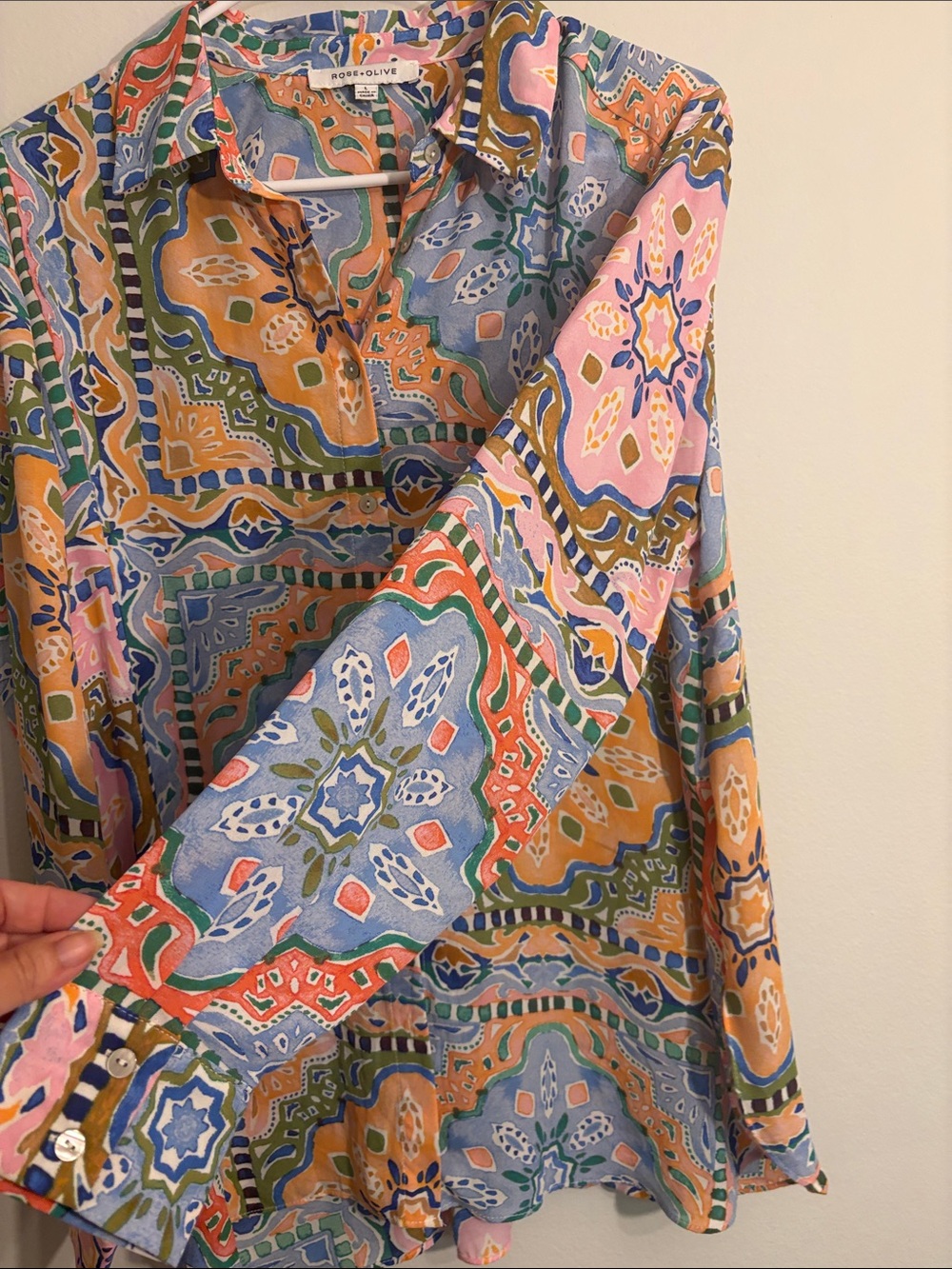 Rose and Olive Multicolor Button-Up lightweight for summer or swim coverup - Picture 6 of 8